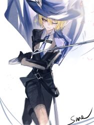 1girl belt black_gloves blonde_hair blue_cape blue_hat blue_necktie cape cinq_association_west_uniform collared_shirt cowboy_shot don_quixote_(project_moon) gloves hat highres holding holding_sword holding_weapon limbus_company looking_at_viewer necktie one_eye_closed project_moon rapier shirt short_hair simple_background smile solo sparkle sparkling_eyes sword sysy1820989 weapon white_background white_shirt