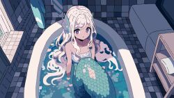 Rule 34 | 1girl, :o, bandeau, bath, bathing, bathroom, bathtub, bench, commentary request, fins, from above, grey eyes, hair spread out, head fins, highres, in bathtub, in water, indoors, kalomaaaaa, light blush, long hair, looking at viewer, looking up, mermaid, monster girl, original, parted lips, pixel art, scales, shelf, solo, tile floor, tile wall, tiles, very long hair, water, white bandeau, white hair
