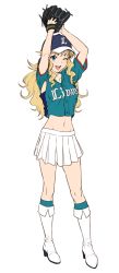 1girl :d aqua_socks armpits arms_up baseball_cap baseball_glove baseball_jersey blonde_hair blue_eyes boots female_focus full_body groin hat high_heel_boots high_heels idolmaster idolmaster_cinderella_girls jersey kneehighs left-handed long_hair looking_at_viewer midriff navel nigou nippon_professional_baseball ohtsuki_yui one_eye_closed open_mouth pitching saitama_seibu_lions short_sleeves simple_background smile socks solo white_background white_boots