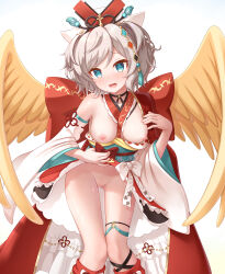 1girl absurdres aqua_eyes aqua_sash aqua_trim back_bow between_breasts black_choker bow breasts censored choker fang feathered_wings gplnbeat grey_hair hair_ornament hand_fan hand_on_own_chest hat heart heart_censor highres holding holding_fan japanese_clothes medium_breasts nipples nude open_mouth partially_undressed princess_connect! pussy pussy_juice red_bow resplendent_phoenix_(shadowverse) skin_fang standing tassel thigh_strap white_sleeves wide_sleeves wings yellow_wings