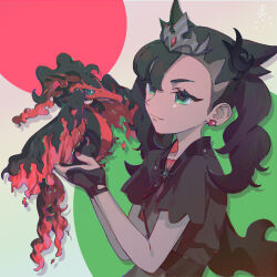 1girl absurdres asymmetrical_bangs beak bird black_gloves black_hair black_skin closed_mouth colored_skin commentary_request earrings eyelashes fingerless_gloves galarian_form galarian_moltres gen_8_pokemon gloves green_background green_eyes highres holding holding_pokemon jewelry legendary_pokemon long_hair marnie_(champion)_(pokemon) marnie_(pokemon) morita_baltan multicolored_background multicolored_skin nintendo pokemon pokemon_(creature) pokemon_masters_ex red_background red_fire red_skin smile two-tone_skin upper_body white_background wings