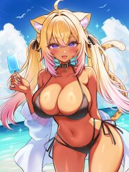 1girl ahoge alternate_costume alternate_hair_color animal_ear_fluff animal_ears arm_behind_back bare_shoulders beach belt belt_collar bikini black_belt black_bikini black_ribbon blonde_hair blue_sky blush breasts cleavage cloud collar commentary_request cowboy_shot crossed_bangs cumulonimbus_cloud dark-skinned_female dark_skin day fang food gradient_hair gyaru hair_between_eyes hair_ribbon halterneck highleg highleg_bikini highres holding holding_food holding_popsicle hololive kogekoge1207 large_breasts layered_bikini leopard_ears leopard_girl leopard_tail long_hair looking_at_viewer multicolored_hair nail_polish navel nekomata_okayu o-ring ocean off_shoulder open_clothes outdoors pink_hair popsicle purple_eyes purple_nails ribbon see-through_clothes side-tie_bikini_bottom simple_bird skin_fang sky solo sparkle standing string_bikini swimsuit tail tail_raised twintails two-tone_hair very_long_fingernails very_long_hair virtual_youtuber