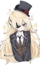 1girl artist_name black_hat blonde_hair blue_eyes brown_vest eyepatch goddess_of_victory:_nikke grey_jacket grey_necktie guillotine_(dark_tracer)_(nikke) guillotine_(nikke) hair_between_eyes hat highres jacket long_hair necktie shirt simple_background solo tu_pa_pa_pa vest white_background white_shirt