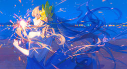 1girl absurdres aerial_fireworks arknights backless_dress backless_outfit bare_shoulders blue_dress blurry bokeh brown_hair depth_of_field dress fireworks floating_hair halter_dress halterneck highres holding holding_fireworks laurel_crown long_hair lyuqiu mole mole_under_eye muelsyse_(arknights) night ocean orange_eyes outdoors senkou_hanabi solo sparkler upper_body very_long_hair
