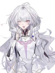 1girl absurdres ahoge black_leotard breasts dress fate/grand_order fate_(series) heart highres lady_avalon_(fate) lady_avalon_(first_ascension)_(fate) leotard leotard_under_clothes long_hair looking_at_viewer merlin_(fate/prototype) one_eye_closed open_mouth pink_eyes small_breasts solo tokoni_fusu white_dress white_hair
