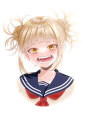 1girl absurdres blonde_hair blunt_bangs blush boku_no_hero_academia chizupanda double_bun hair_bun highres looking_at_viewer messy_hair neckerchief open_mouth portrait red_neckerchief school_uniform serafuku simple_background smile solo toga_himiko yellow_eyes