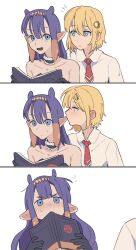 2girls addendium ao-chan_(ninomae_ina&#039;nis) black_gloves blonde_hair blush book collarbone collared_shirt covering_own_mouth ear_blush flying_sweatdrops fur-trimmed_collar fur_trim gloves headpiece highres holding holding_book hololive hololive_english long_hair lower_teeth_only mole mole_under_eye multiple_girls necktie ninomae_ina&#039;nis ninomae_ina&#039;nis_(1st_costume) open_mouth pointy_ears purple_hair red_necktie shirt short_hair short_necktie sweatdrop teeth tentacle_hair tongue upper_teeth_only virtual_youtuber watson_amelia watson_amelia_(1st_costume) white_shirt yuri