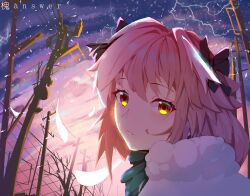 1boy absurdres astolfo_(fate) bare_tree black_bow bow cloak cloud cloudy_sky fate/apocrypha fate/grand_order fate_(series) hair_bow highres huaianswer lightning looking_at_viewer male_focus multicolored_eyes multicolored_hair multiple_hair_bows original pink_hair power_lines sky streaked_hair tree utility_pole white_cloak white_hair