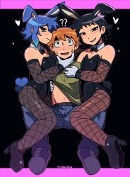 1girl 2boys ? ?? @_@ animal_ears bisexual_male black_eyes black_hair black_leotard black_shoes blue_hair blush boy_and_girl_sandwich breasts bulge cleavage clothes_lift commentary confused crossdressing denim english_commentary fishnet_pantyhose fishnets green_shirt heart high_heels highres jeans kemonomimi_mode leotard looking_at_viewer male_playboy_bunny medium_breasts multiple_boys open_mouth orange_hair pants pantyhose playboy_bunny rabbit_boy rabbit_ears rabbit_girl rabbit_tail ramona_flowers sandwiched scott_pilgrim scott_pilgrim_(series) scott_pilgrim_takes_off shirt shirt_lift shoes short_hair sitting sitting_on_person smile smug sweatdrop tail wallace_wells warambling
