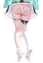 1girl absurdres andrl ass ass_cutout asymmetrical_legwear butt_crack character_cutout clothing_cutout commentary dress english_commentary facing_away feet frilled_panties frilled_socks frills from_behind green_dress highres indie_virtual_youtuber lower_body mint_fantome mint_fantome_(minto_2.0) mole mole_on_ass mole_on_thigh no_shoes panties simple_background single_sock single_thighhigh sleeves_past_fingers sleeves_past_wrists socks soles solo striped_clothes striped_dress thigh_strap thighhighs tiptoes underwear uneven_legwear vertical-striped_clothes vertical-striped_dress virtual_youtuber white_background white_panties white_socks white_thighhighs wide_sleeves wisps_(mint_fantome)