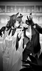 2girls akechi_(826988799) animal_ears arknights arm_around_shoulder bar_(place) blazer chinese_commentary closed_mouth clothes_grab coat coat_on_shoulders collared_shirt commentary_request formal_clothes gloves greyscale hair_between_eyes highres jacket lapels lappland_(arknights) long_hair long_sleeves looking_at_viewer monochrome multiple_girls necktie necktie_grab neckwear_grab open_mouth pants penance_(arknights) sharp_teeth shirt short_hair standing sweatdrop teeth upper_teeth_only wolf_ears wolf_girl yuri