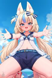 1girl :d absurdres ahoge animal_ear_fluff animal_ears barefoot beach belt bikini bikini_under_shorts blonde_hair blue_belt blue_bikini blue_eyes blue_hair blue_sailor_collar blue_shorts blue_sky blunt_bangs cat_ears cloud commentary day english_commentary fins fish_girl fish_tail flat_chest frilled_shirt_collar frills front_slit halterneck highleg highleg_bikini highres indie_virtual_youtuber kneeling lifebuoy_hair_ornament long_hair looking_at_viewer low_twintails multicolored_hair navel one_side_up open_mouth outdoors outstretched_arms partially_unbuttoned reaching reaching_towards_viewer sailor_collar sameko_saba shirt short_shorts shorts sky sleeveless sleeveless_shirt smile solo streaked_hair striped_bikini striped_clothes swimsuit tail teeth toes twintails unstableboiler upper_teeth_only very_long_hair virtual_youtuber white_hair white_shirt