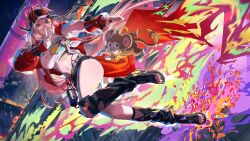 1girl banana baseball_cap belt black_hat black_nails black_shorts breasts commentary cropped_shirt english_commentary food fruit graffiti green_eyes grin hat horned_hat highres honkai:_star_rail honkai_(series) horned_hat index_finger_raised jacket kuji-in large_breasts long_hair long_sleeves looking_at_viewer midriff monkey navel pink_hair rappa_(honkai:_star_rail) red_jacket revision salmon88 shirt shorts smile solo spray_can stomach thighs toes white_shirt