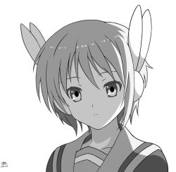 Rule 34 | 1girl, bunny headphones, closed mouth, collarbone, dated, dyxm, expressionless, eyebrows hidden by hair, greyscale, headphones, kita high school uniform, looking at viewer, monochrome, nagato yuki, portrait, sailor collar, school uniform, short hair, signature, solo, suzumiya haruhi-chan no yuuutsu, suzumiya haruhi no yuuutsu, upper body