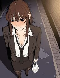 1girl bag bags_under_eyes black_eyes black_jacket black_necktie black_pantyhose black_shoes black_skirt brown_hair can choppy_bangs collared_shirt commentary_request dark dress_shirt exhausted formal_clothes from_above full_body grocery_bag high-waist_skirt high_heels highres holding holding_bag jacket long_sleeves messy_hair necktie night office_lady open_clothes open_jacket original outdoors pantyhose parted_lips pencil_skirt plastic_bag redcalypso shadow shirt shoes shopping_bag sidelocks sideways_glance signature skirt skirt_suit solo standing suit suit_jacket undone_necktie white_shirt