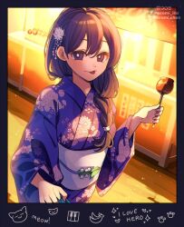 1girl :p alternate_costume alternate_hairstyle banana black_eyes black_hair blush braid bright_pupils candy_apple caramel closed_mouth commentary double-parted_bangs floral_print floral_print_kimono flower food from_above fruit hair_behind_ear hair_between_eyes hair_flower hair_ornament hair_tie heart holding_candy_apple instagram_username japanese_clothes kimono long_braid long_hair long_sleeves mari_(faraway)_(omori) mari_(omori) maromichan mewo omori outdoors print_kimono purple_kimono side_braid sidelighting single_braid smile solo sparkle symbol-only_commentary tongue tongue_out twitter_username upper_body white_flower white_pupils wide_sleeves