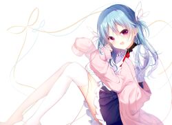 1girl amatsuka_nanana belt black_belt black_collar black_skirt blue_hair blush cardigan collar commentary double-parted_bangs eyes_visible_through_hair fang foot_out_of_frame frilled_shirt_collar frilled_skirt frills from_side fuwa_mochiri hair_between_eyes hair_ornament hair_over_shoulder hair_ribbon hands_up highres knees_up long_hair looking_at_viewer making-of_available meikei_no_lupercalia miniskirt neck_ribbon no_shoes open_cardigan open_clothes open_mouth pink_cardigan pink_ribbon pleated_skirt red_eyes red_ribbon ribbon shirt simple_background sitting skirt sleeves_past_fingers sleeves_past_wrists smile solo symbol-only_commentary thighhighs two_side_up white_background white_shirt white_thighhighs x_hair_ornament zettai_ryouiki
