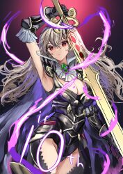 Rule 34 | 1girl, absurdres, arerex, armor, armored leotard, black armor, black hairband, breasts, cape, cleavage, closed mouth, female corrin (fire emblem), female corrin (nohr noble) (fire emblem), fire emblem, fire emblem fates, fire emblem heroes, gauntlets, gloves, grey hair, hair between eyes, hairband, highres, holding, holding sword, holding weapon, leotard, long hair, looking at viewer, medium breasts, nintendo, official alternate costume, pointy ears, red eyes, solo, sword, thighhighs, thighs, weapon, white hair, yato (fire emblem)