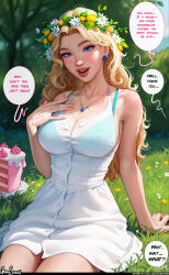 1girl absurdres aroma_sensei bare_shoulders blonde_hair blue_bra blue_eyes blush body_freckles bra breasts buttons cake cleavage collarbone daisy earrings english_text eyeshadow flower food freckles haley_(stardew_valley) head_wreath highres jewelry large_breasts lips long_hair makeup necklace outdoors see-through_clothes sideboob skirt smile solo stardew_valley underwear wavy_hair