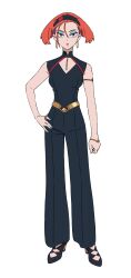 1girl annqi armlet bell-bottoms belt black_nails bracelet cleavage_cutout clothing_cutout earrings eyeshadow full_body green_eyeshadow grey_background gundam gundam_gquuuuuux hand_on_own_hip headband high_heels highres hoop_earrings jewelry looking_at_viewer makeup official_art orange_hair pants purple_eyes red_lips ring short_hair simple_background sleeveless solo standing