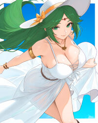 1girl absurdres armlet bare_shoulders bow bracelet breasts circlet cleavage closed_mouth dress forehead_jewel gold_bracelet green_eyes green_hair hat highres jewelry kid_icarus kid_icarus_uprising large_breasts long_hair looking_at_viewer necklace nintendo orange_bow palutena smile solo sun_hat sundress truejekart very_long_hair white_dress