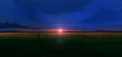 cloud cloudy_sky field grass highres iriza_katou mountainous_horizon no_humans original outdoors scenery sky sun sunset wire_fence
