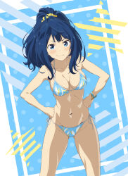 1girl bikini blue_bikini blue_eyes blue_hair blush bracelet breasts breasts_apart closed_mouth collarbone commentary gensei00 gluteal_fold groin hair_ornament hair_scrunchie halterneck hands_on_own_hips highres jewelry legs_apart make_heroine_ga_oo_sugiru! medium_breasts medium_hair multiple_bracelets navel ponytail print_bikini scrunchie side-tie_bikini_bottom solo standing string_bikini swimsuit thighs v-shaped_eyebrows yanami_anna yellow_scrunchie