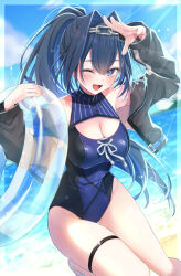 1girl ;d absurdres arm_up beach black_jacket blue_eyes blue_one-piece_swimsuit blue_sky blurry blurry_background breasts chain chain_headband cleavage_cutout clothing_cutout cloud commentary cropped_jacket day double-parted_bangs fingernails hair_between_eyes hair_intakes hand_up hashtag-only_commentary highleg highleg_one-piece_swimsuit highres holding holding_swim_ring hololive hololive_english holonatsu_paradise innertube jacket large_breasts long_hair looking_at_viewer mogu_(au1127) ocean official_alternate_costume official_alternate_hairstyle one-piece_swimsuit one_eye_closed open_mouth ouro_kronii ouro_kronii_(holonatsu_paradise) ponytail sky smile solo swim_ring swimsuit virtual_youtuber