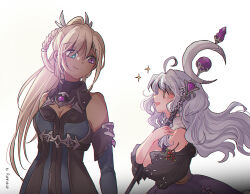 2girls age_difference ahoge bare_shoulders breasts cleavage dark-skinned_female dark_skin earan_(mabinogi) height_difference heterochromia long_hair looking_at_another mabinogi multiple_girls onee-loli reinforced rowan_(mabinogi) sleeveless wand
