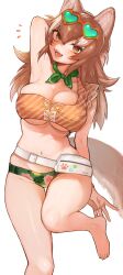 1girl absurdres animal_ears asano_(asamusuko) bare_arms bare_legs bare_shoulders bikini blush bracelet breasts brown_hair cowboy_shot eyewear_on_head fangs floral_print_bikini frilled_bikini frills green_bikini green_scarf hair_between_eyes heart heart-shaped_eyewear hetero highres japanese_wolf_(kemono_friends) jewelry kemono_friends kemono_friends_3 large_breasts multicolored_hair navel official_alternate_costume open_mouth orange_bikini orange_eyes scarf sidelocks solo swimsuit tail white_hair wolf_ears wolf_girl wolf_tail