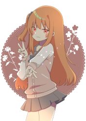 1girl 9ra4ki33 :3 absurdres blue_bow blush_stickers bow closed_mouth cowboy_shot double_v grey_sailor_collar grey_skirt hair_between_eyes hair_ornament hair_scrunchie hand_up highres inaba_meguru jacket letterman_jacket long_hair looking_at_viewer miniskirt one_side_up orange_hair outstretched_arm pink_sleeves pleated_skirt red_eyes sailor_collar sanoba_witch school_uniform scrunchie serafuku sidelocks simple_background skirt sleeves_past_wrists smile smug solo tsurime v white_jacket