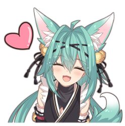 Rule 34 | 1girl, :3, :d, ^ ^, ahoge, animal ear fluff, animal ears, bare shoulders, bell, black kimono, black ribbon, black sleeves, blush, closed eyes, covered collarbone, cropped torso, detached sleeves, facing viewer, fang, fox ears, fox girl, fox tail, green hair, hair bell, hair between eyes, hair intakes, hair ornament, hair ribbon, happy, heart, japanese clothes, jingle bell, jingo, kimono, long hair, low twintails, open mouth, ribbon, rindo (vrchat), simple background, sleeveless, sleeveless kimono, smile, solo, tail, twintails, upper body, very long hair, vrchat, white background, x hair ornament
