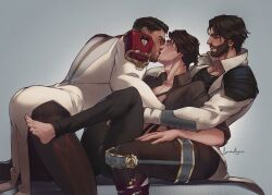 arcane:_league_of_legends arcane_jayce arcane_survivor_jayce arched_back arm_on_another&#039;s_leg bare_pectorals barefoot beard black_pants black_shirt brown_hair brown_pants brown_shirt closed_eyes closed_mouth coat collared_coat collared_shirt commentary dark-skinned_male dark_skin dual_persona english_commentary facial_hair feet_out_of_frame grey_background highres jayce_(league_of_legends) kiss kneeling league_of_legends leaning_forward leg_brace legs_up looking_at_another male_focus open_clothes open_coat open_shirt pants pectorals popped_collar semainsargevan shirt simple_background sitting sleeves_rolled_up twitter_username viktor_(arcane) viktor_(league_of_legends) white_coat yaoi