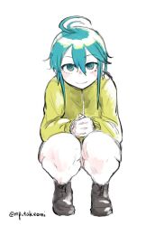 1girl antenna_hair aqua_eyes aqua_hair black_shoes commentary_request full_body hashtag-only_commentary jacket original own_hands_together shoes sidelocks solo squatting takeomi_(shitamatsuge) twitter_username yellow_jacket