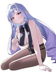 1girl absurdres bad_source black_nails black_pantyhose blush breast_curtains breasts closed_mouth commentary_request drill_hair highres korean_commentary large_breasts looking_at_viewer multicolored_hair nail_polish panties pantyhose pink_eyes pointy_ears purple_hair red_eyes seungju simple_background sitting solo streaked_hair underwear vivian_banshee white_background white_hair yokozuwari zenless_zone_zero