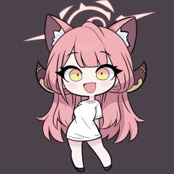 1girl absurdres animal_ear_fluff animal_ears aru_(blue_archive) blue_archive blush brown_background cat_ears chibi demon_horns fang full_body halo highres horns long_hair looking_at_viewer open_mouth pink_hair pink_halo shirt simple_background skin_fang smile solo standing t-shirt white_shirt yellow_eyes yoo_mu1004