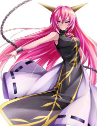 Rule 34 | 1girl, black tabard, breasts, chain, cuffs, dress, dress flower, flower, highres, horns, ibaraki douji (touhou), long hair, looking at viewer, meso (zgmf-xv), oni, pink eyes, pink hair, shackles, sleeveless, sleeveless dress, smile, solo, tabard, touhou, very long hair, white dress
