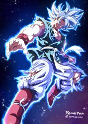 Rule 34 | 1boy, 2094banana, absurdres, artist name, aura, blue tunic, dougi, dragon ball, dragon ball super, dragonball z, full body, grey eyes, grey hair, highres, male focus, medium hair, muscular, muscular male, official alternate costume, pants, solo, son goku, spiked hair, tunic, twitter username, white pants