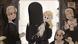 Rule 34 | 5girls, :d, aged down, baby, baby bottle, bandaid, bandaid on cheek, bandaid on face, bird, blonde hair, blue eyes, bottle, brown eyes, brown hair, carrying, chicken, clumsy nun (diva), commentary, crib, dirty, dirty clothes, diva (hyxpk), drooling, duck, duckling, english commentary, grey hair, habit, highres, hungry nun (diva), leaf nun (diva), little nuns (diva), milk, multiple girls, nun, open mouth, slice of life, smile, smug nun (diva), strict nun (diva), traditional nun, umbrella, vomit, yellow umbrella