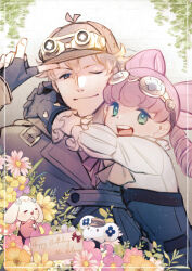 1boy 1girl :d ace_attorney age_difference artist_name belt black_belt black_dress black_gloves blonde_hair blue_eyes border bow bow-shaped_hair brown_coat character_doll coat collar deerstalker dress drill_hair finger_to_head fingerless_gloves flower frilled_collar frilled_gloves frilled_sleeves frills gloves goggles goggles_on_head goggles_on_headwear green_eyes hair_rings hat heart herlock_sholmes highres hug index_finger_raised iris_wilson nmimymr one_eye_closed open_mouth pink_hair puffy_sleeves purple_ribbon ribbon ryunosuke_naruhodo shirt smile strapless strapless_dress susato_mikotoba teeth the_great_ace_attorney upper_teeth_only white_border white_shirt yellow_bow