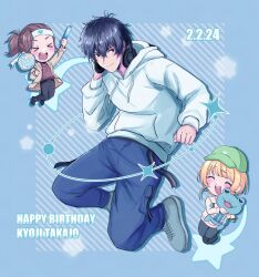 Rule 34 | &gt; &lt;, 3boys, absurdres, adjusting headphones, asymmetrical hair, baseball cap, beit (idolmaster), belt, belt buckle, birthday, black belt, black footwear, black hair, blonde hair, blue background, blue eyes, blue footwear, blue pants, blush, blush stickers, brown hair, brown jacket, buckle, chibi, clenched hands, commentary, dated, dot nose, earrings, english commentary, english text, glowstick, green eyes, green headwear, hair ornament, hairclip, hand fan, hand fan writing, hands up, happy birthday, hat, headband, headphones, headphones around neck, heart, heart headband, heterochromia, highres, holding, holding fan, holding glowstick, holding stuffed toy, holding toy, hood, hood down, hoodie, idolmaster, idolmaster side-m, jacket, jewelry, kaerre, light blush, light smile, mascot, medium hair, multiple boys, open clothes, open jacket, pants, pierre bichelberger, pocket, ponytail, red shirt, shirt, shoes, short hair, sidelocks, smile, solo focus, star (symbol), straight hair, striped background, stuffed animal, stuffed frog, stuffed toy, swan lake (izzy), sweater, swept bangs, takajo kyoji, teeth, tongue, toy, upper teeth only, watanabe minori, white hoodie, white sweater