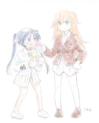 Rule 34 | 2girls, black hair, charlotte e. yeager, collar, food, francesca lucchini, highres, holding, ice cream, jacket, kitunenosousuke, long hair, looking at another, military, military uniform, multiple girls, no pants, open mouth, orange hair, panties, red jacket, shoes, simple background, size difference, smile, standing, strike witches, twintails, underwear, white background, white jacket, world witches series