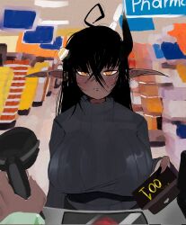 Rule 34 | 1girl, ahoge, black hair, black horns, black nails, breasts, broken horn, buying condoms, closed mouth, commentary, condom box, dark-skinned female, dark skin, english commentary, fingernails, frown, grey sweater, hair between eyes, half-closed eyes, highres, horns, huge breasts, indoors, long bangs, long hair, looking at viewer, messy hair, okamoto condoms, orange eyes, original, pointy ears, pov, pov hands, shop, single horn, solo focus, sweater, upper body, weeze