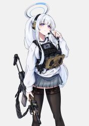 1girl absurdres alternate_costume alternate_hairstyle assault_rifle black_thighhighs blue_archive bulletproof_vest closed_mouth clov3r daewoo_k1 earpiece feet_out_of_frame grey_skirt gun halo highres holding holding_weapon long_hair looking_at_viewer millennium_science_school_logo miniskirt noa_(blue_archive) pleated_skirt ponytail purple_eyes rifle shirt simple_background skirt smile solo standing thighhighs very_long_hair weapon weapon_request white_background white_hair white_halo white_shirt