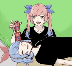Rule 34 | 2girls, alternate costume, balancing on head, blue hair, blue ribbon, blush, bow hairband, colored inner hair, colored tips, green screen, hair ribbon, hairband, hand up, long hair, looking at another, lying, multicolored hair, multiple girls, omega ray, omega rio, omega sisters, on back, open mouth, pink hair, red hair, red hairband, ribbon, sawaya ( 0030y), shirt, short hair, siblings, sisters, sleeping, smile, t-shirt, twintails, upper body, v-shaped eyebrows, virtual youtuber, yakult, yellow eyes