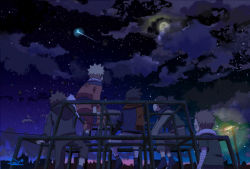 Rule 34 | 5boys, aged down, akamaru (naruto), akimichi chouji, black hair, blonde hair, brown hair, cheek swirl, cloud, dog, from behind, inuzuka kiba, jacket, looking up, male focus, moon, multiple boys, n y, nara shikamaru, naruto, naruto (series), night, night sky, playground, scarf, shooting star, short hair, sitting, sky, slice of life, star (symbol), uchiha sasuke, uzumaki naruto