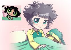 Rule 34 | 1girl, black hair, buttercup (ppg), buttercup redraw challenge (meme), commentary request, dated, green eyes, hat, matsubara kaoru, meme, messy hair, mochi-iri kinchaku, powerpuff girls, powerpuff girls z, reference inset, short hair, solo, twitter username, unworn hat, unworn headwear, upper body