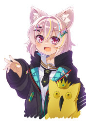 1girl 1other :d animal_ear_fluff animal_ears bird black_coat black_jacket black_neckerchief black_necktie blonde_hair blue_hair blush cat_ears cat_girl coat collarbone creature cropped_torso crown dress fang hair_between_eyes hair_intakes hair_ornament hairclip hand_up highres hood jacket long_sleeves looking_at_viewer medium_hair mini_crown multicolored_hair nail_polish neckerchief necktie open_clothes open_coat open_jacket open_mouth pink_eyes pink_hair puffy_long_sleeves puffy_sleeves purple_eyes ryuu_(multitask) sailor_collar sailor_dress school_uniform serafuku shirt short_hair simple_background skin_fang sleeves_past_wrists smile solo streaked_hair tolass_and_wedge_(vrchat) transparent_background upper_body vrchat white_background white_dress white_sailor_collar white_shirt x_hair_ornament yellow_nails