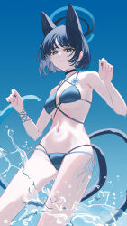 1girl absurdres animal_ears bare_arms bare_shoulders bikini black_choker black_hair blue_archive blue_background blue_bikini blue_halo breasts cat_ears cat_girl cat_tail choker cowboy_shot gradient_background halo highres kikyou_(blue_archive) kikyou_(swimsuit)_(blue_archive) light_smile looking_at_viewer medium_breasts multiple_tails navel official_alternate_costume revision short_hair simple_background smile solo stomach string_bikini swimsuit tail water yodistira404
