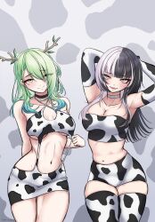 Rule 34 | alternate costume, animal print, arms up, black choker, black hair, breasts, ceres fauna, choker, cleavage, commentary, cow print, cow print gloves, cow print thighhighs, english commentary, gloves, gradient hair, green hair, grey hair, highres, hololive, hololive english, large breasts, long hair, looking at viewer, mole, mole under eye, multicolored hair, navel, open mouth, print gloves, print thighhighs, shiori novella, short shorts, shorts, split-color hair, strapless, thighhighs, tree horns, tube top, two-tone hair, virtual youtuber, white choker, yafatguy, yellow eyes